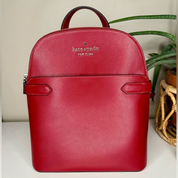 Kate Spade Staci Dome Backpack Red Currant Saffiano Leather Designer Bag NWT
